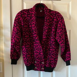 One of a kind rare hot pink and black vintage cardigan 1980s 1970s